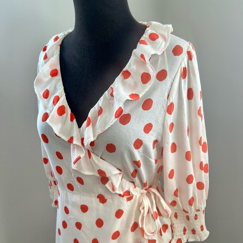 Polka dot ruffle wrap dress by RIXO. NWT